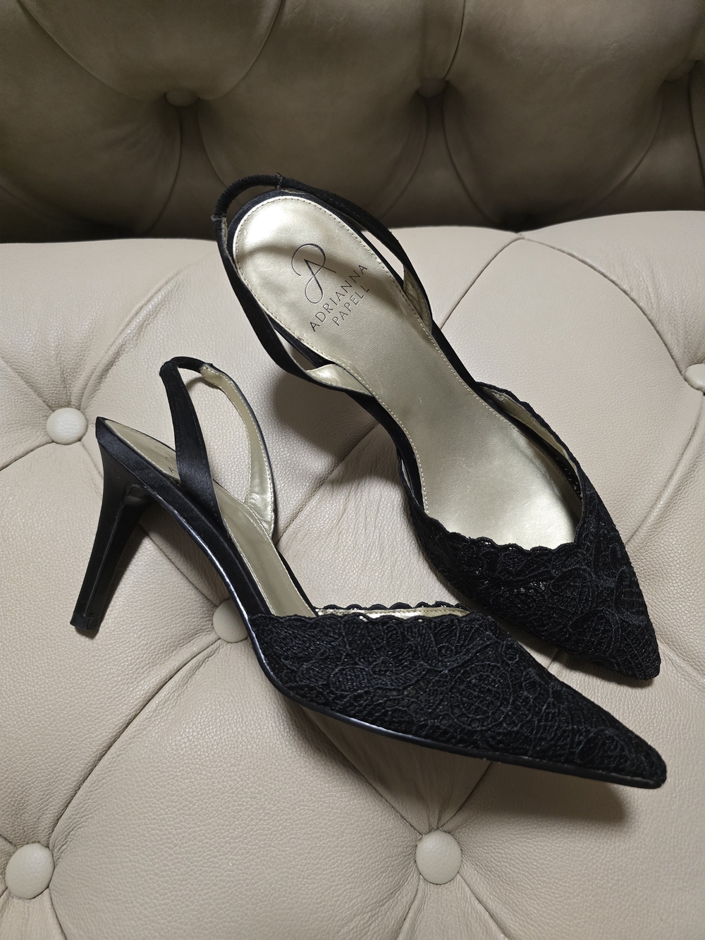 Adrianna Papell Lace Sling Toe Heels, Black, Size 8.5